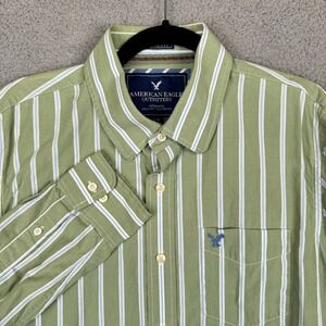 American Eagle Shirt Mens Large Green Blue Striped Vintage Fit Button Up Y2K
